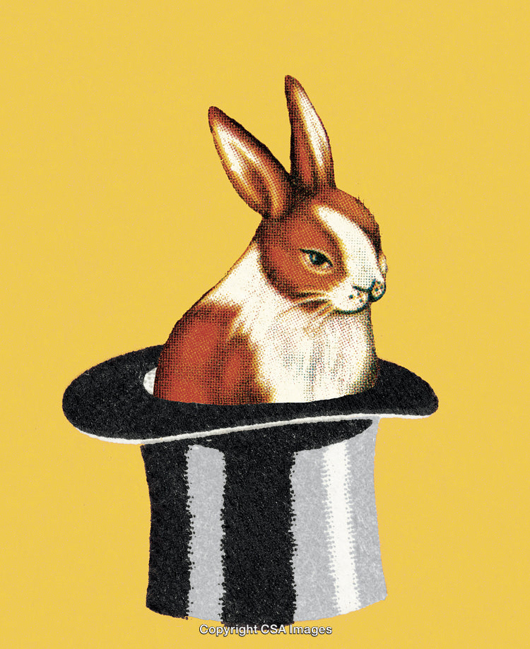Rabbit Emerging from a Magician's Hat on a Golden Background