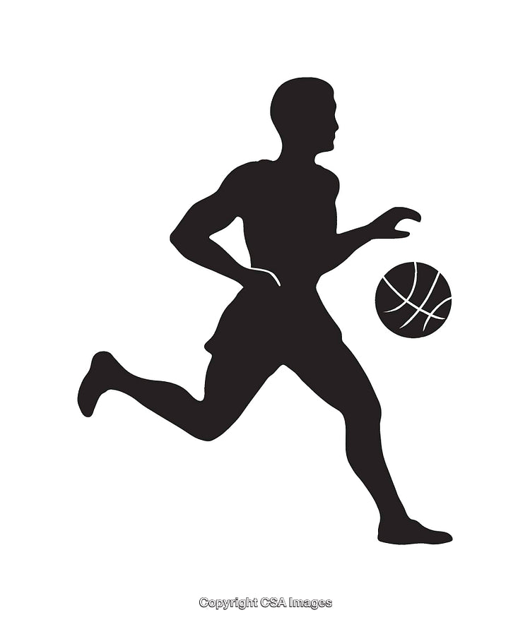 Silhouette of a Running Athlete Dribbling a Basketball in Action