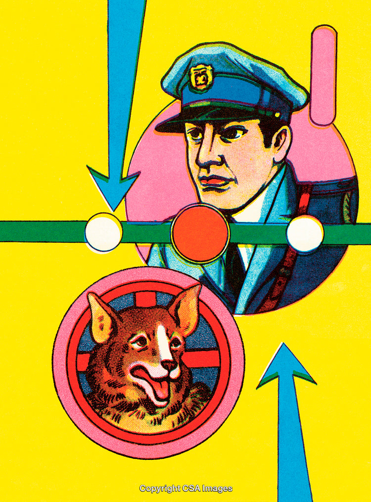 Colorful Illustration of Man in Uniform and Dog Against Yellow Background