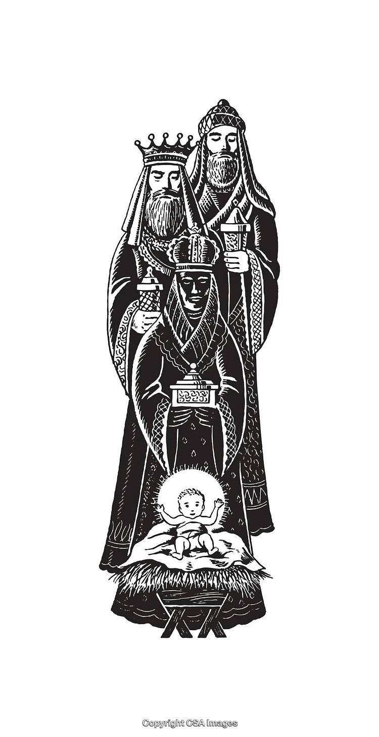 Black and White Line Art of Three Kings and Christ Child Scene