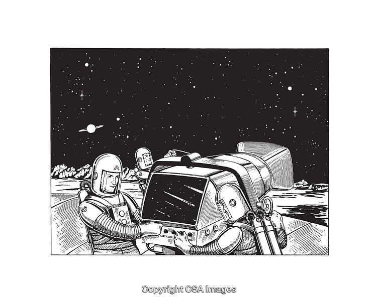 Astronauts Exploring Lunar Landscape with Advanced Rover Vehicle under Starlit Sky