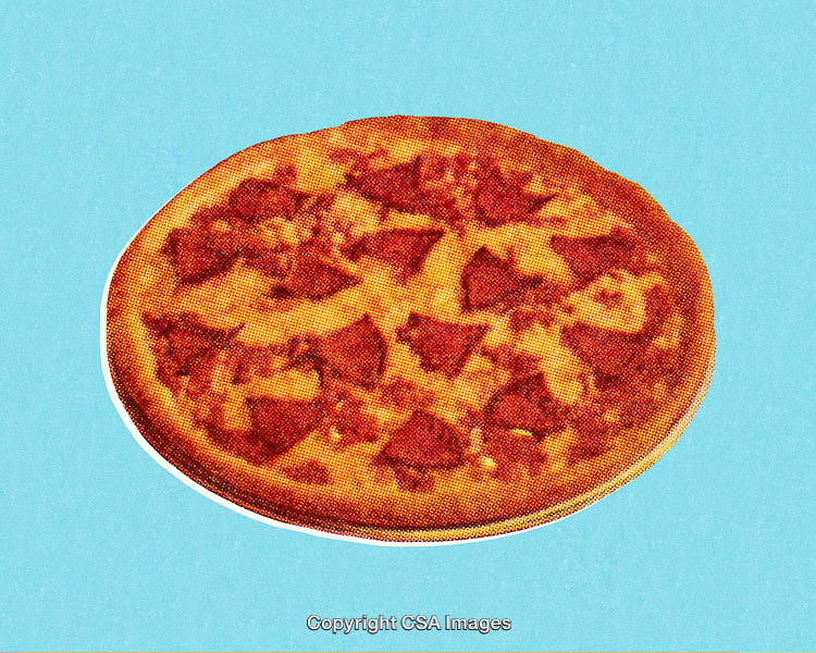 Halftone Style Pepperoni Pizza Illustration on a Vibrant Blue Background