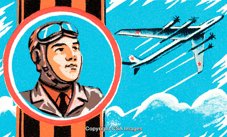 Retro Aviation Artwork Featuring Pilot and Historical Aircraft Design