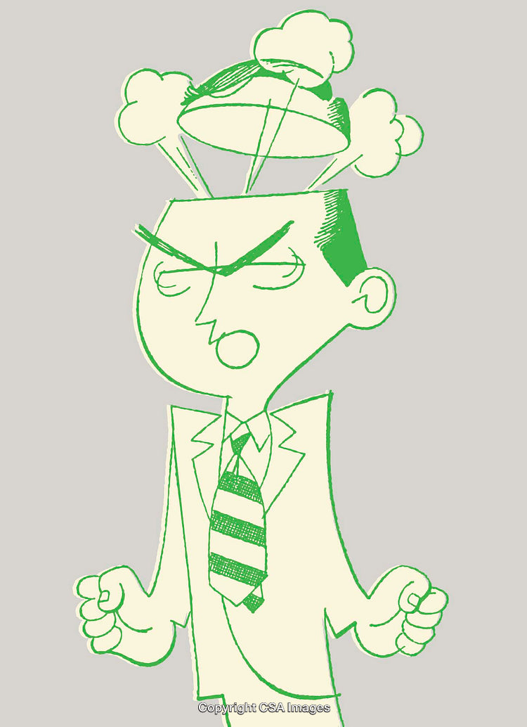 Angry Cartoon Businessman with Steaming Head in Green Line Art