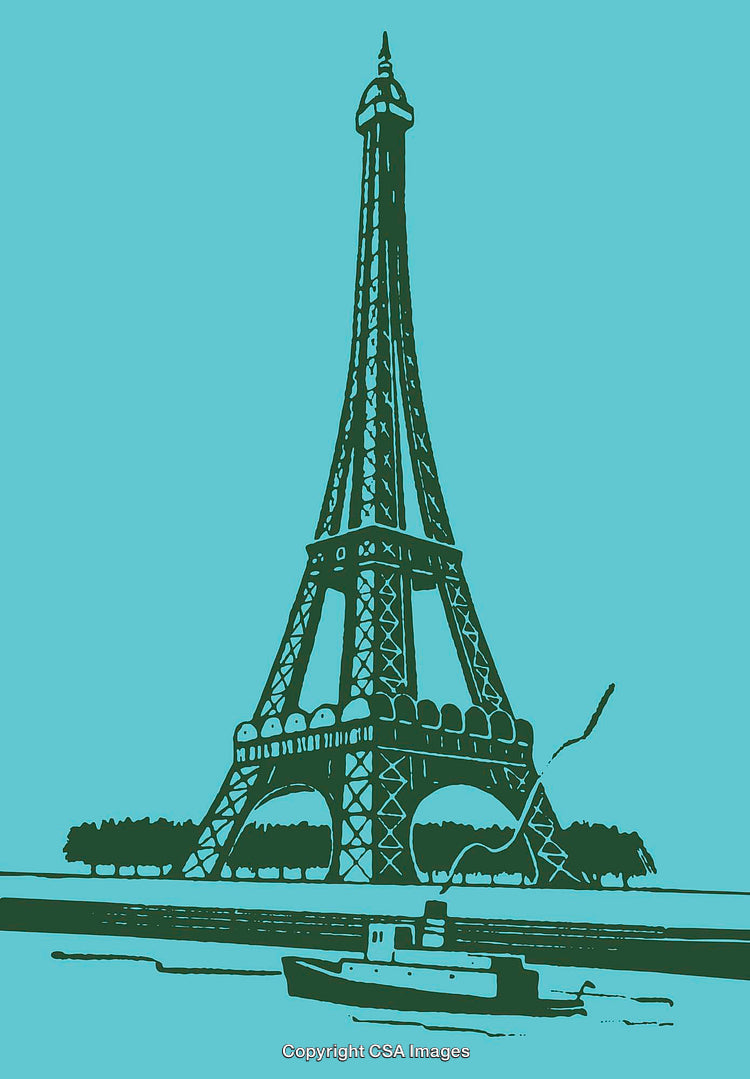 Stylized Line Art of the Eiffel Tower With Water Boat Nearby