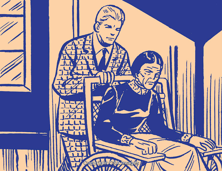 Compassionate Caregiver Assisting Elderly Woman in Vintage Graphic Illustration