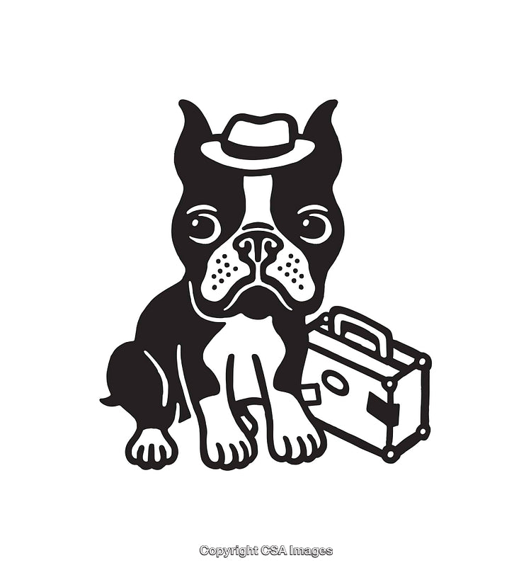 Stylized Line Art of a Dog with Hat and Suitcase