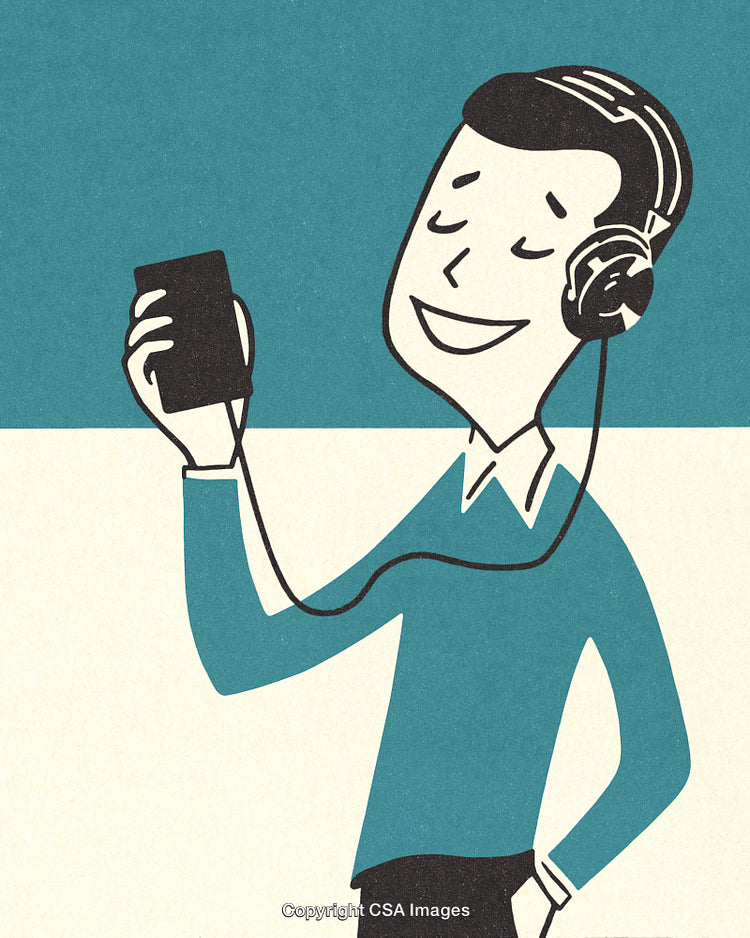 Retro Style Illustration of a Person Listening to Music on Headphones