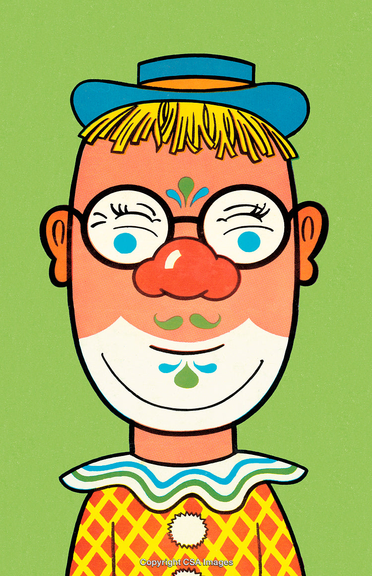 Colorful Cartoon Clown Illustration with Playful Expressions on a Green Background