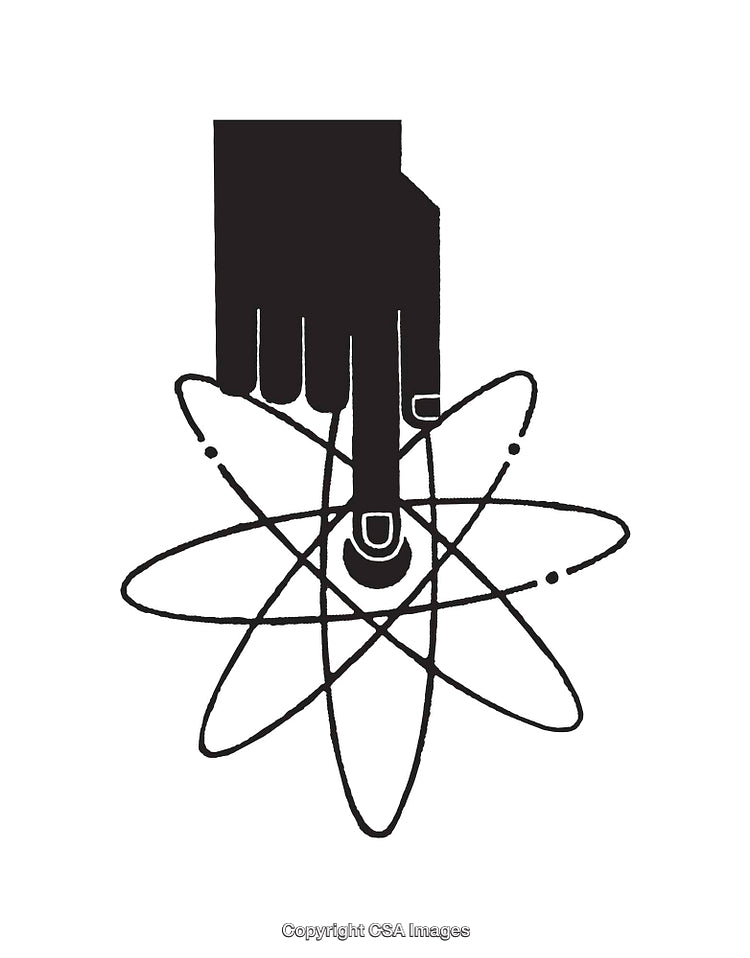 Hand Interacting with Atomic Structure Black and White Illustration