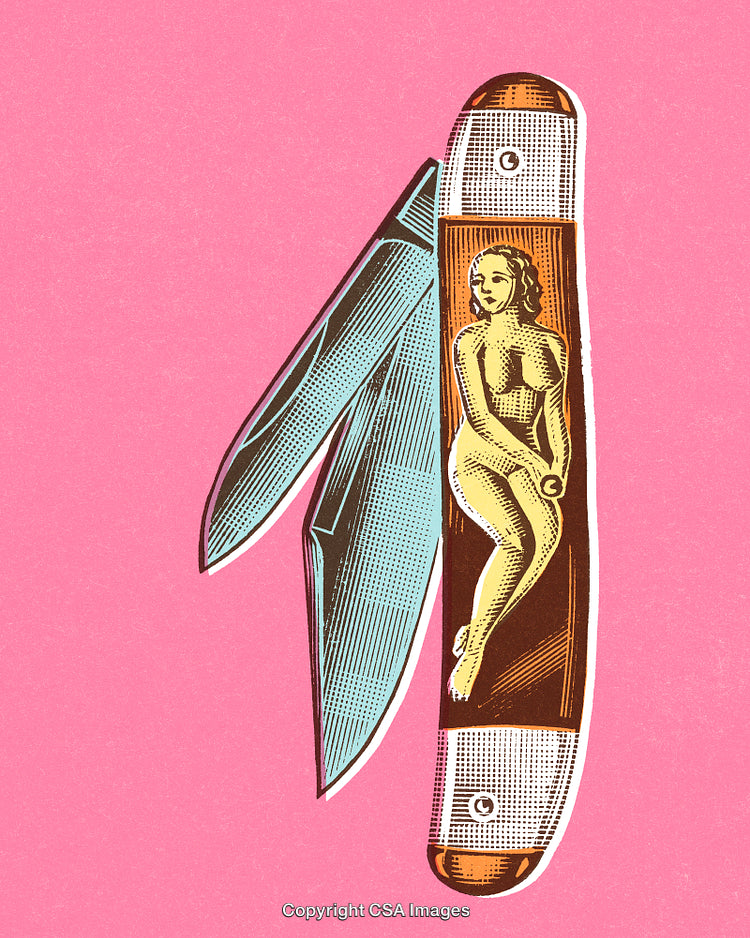 Retro Illustration of a Knife with Artistic Etching on Vibrant Background