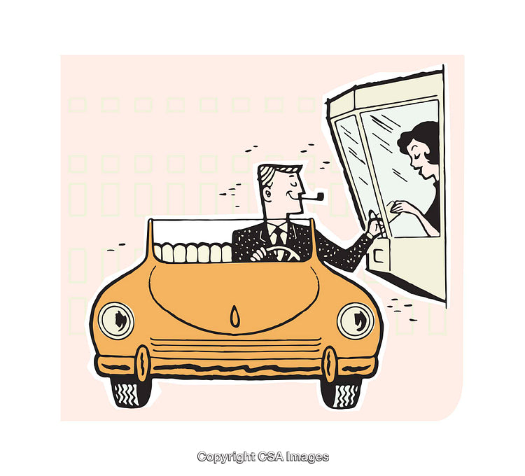 Cartoon Illustration of a Drive-Through Service Interaction
