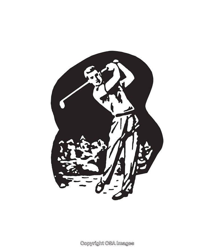 Retro Black and White Golf Swing Illustration in Line Art Style