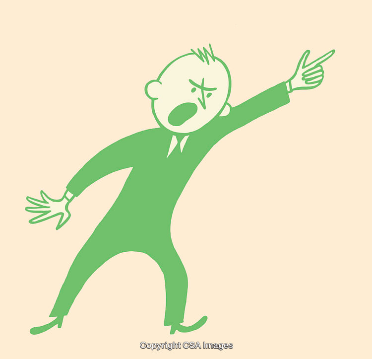 Green Cartoon Character Expressing Anger in Bold Gesture