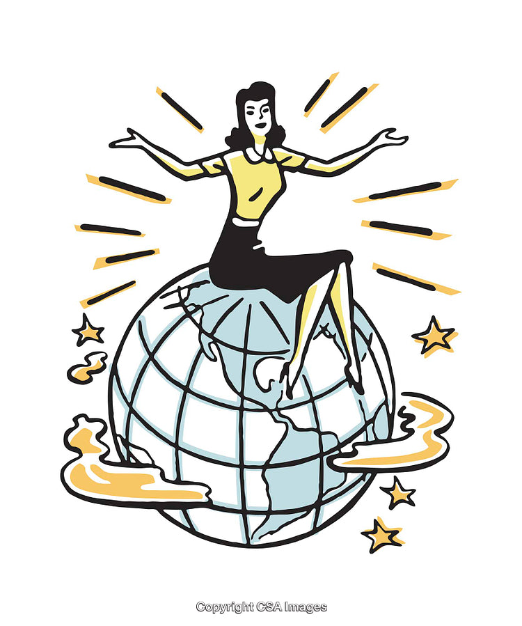Illustration of a Woman Sitting on a Globe with Radiant Stars