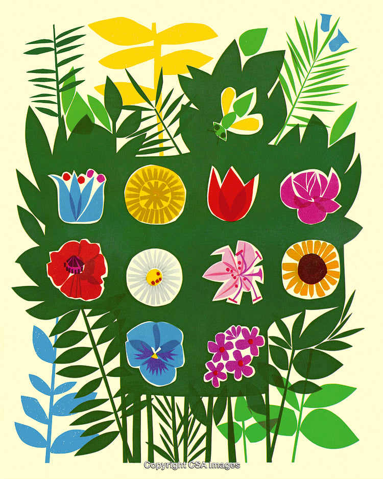 Colorful Floral Illustration with Diverse Flowers and Leafy Green Background