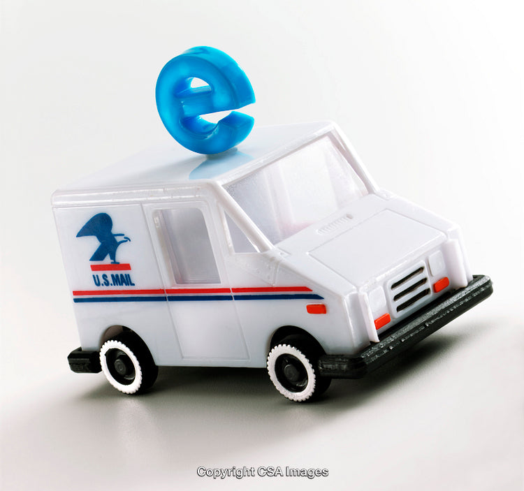 Toy US Mail Vehicle with Blue Symbol on White Background