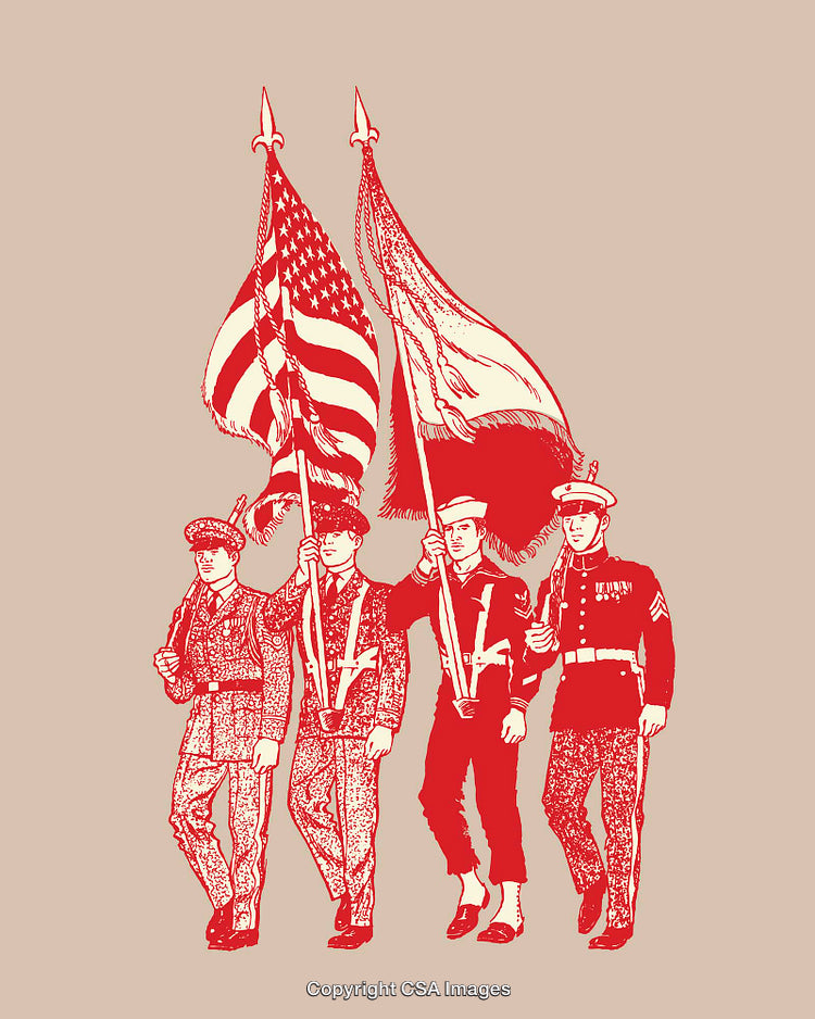Colorful Line Drawing of Armed Forces Holding Flags in Formation