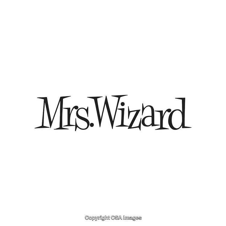Stylized Mrs. Wizard Text on Clean White Background in Unique Typeface