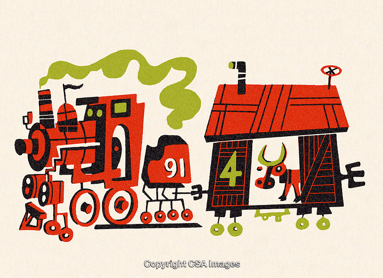 Retro Styled Illustration of a Train and Barnhouse in Vibrant Colors