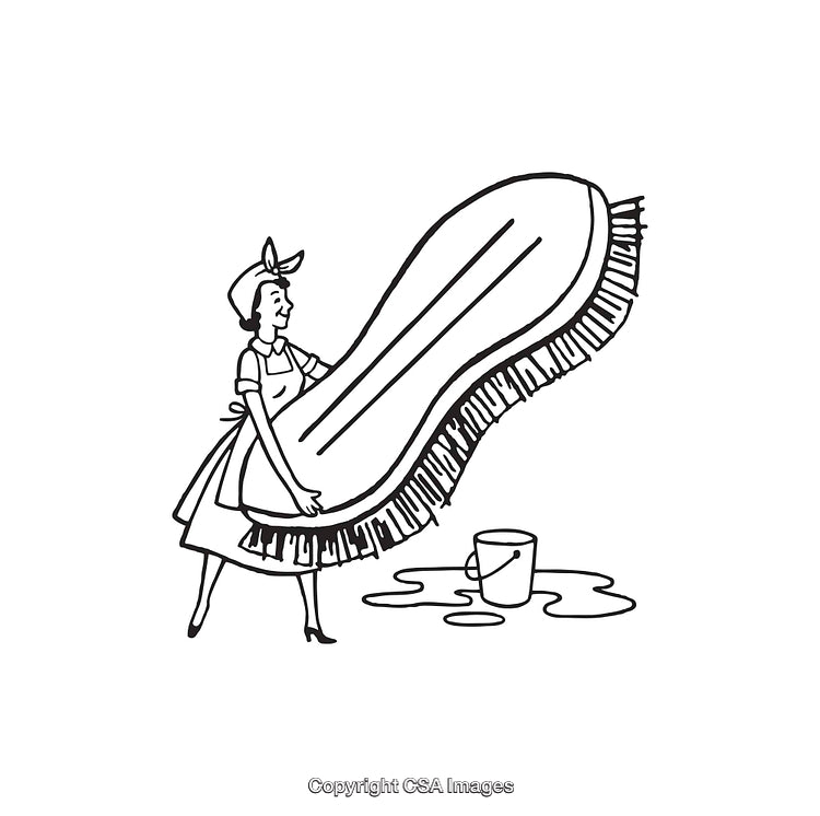Retro Line Art of Woman Cleaning Large Wooden Brush with Bucket