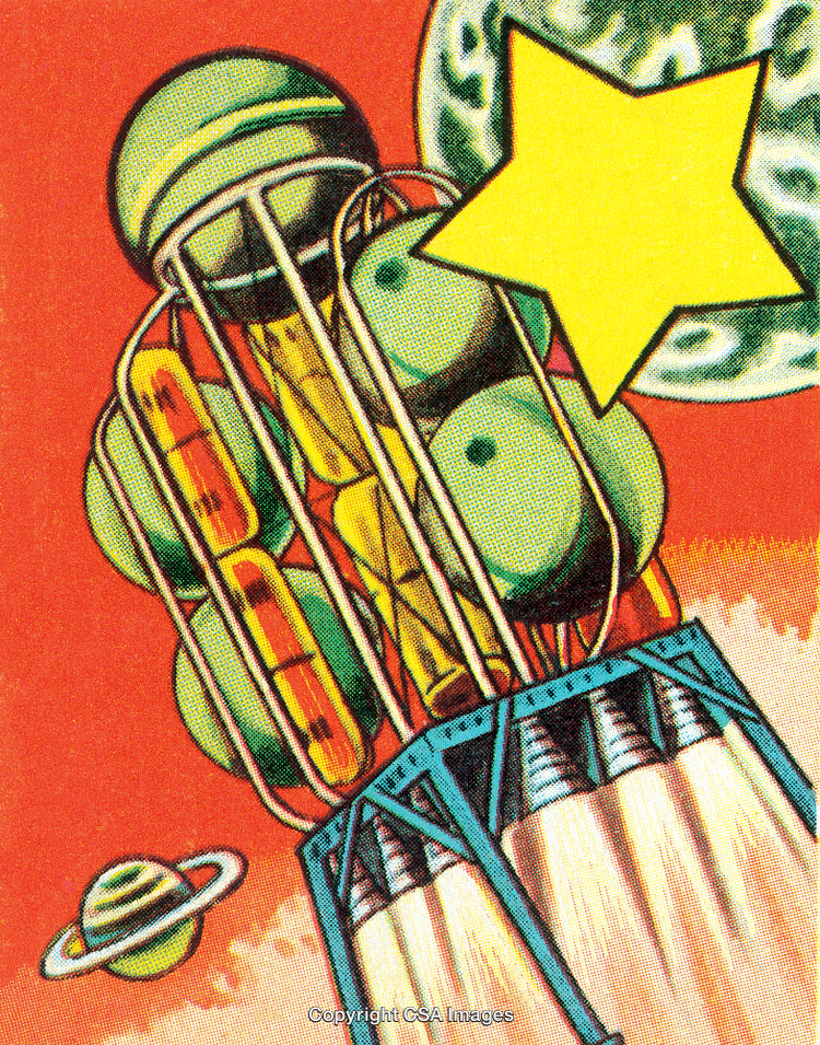Colorful Illustration of Spacecraft Launch with Planetary Backdrop