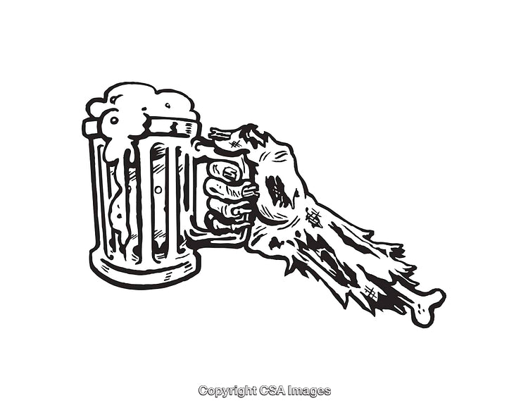 Black and White Line Art of Skeletal Hand Holding a Beer Mug