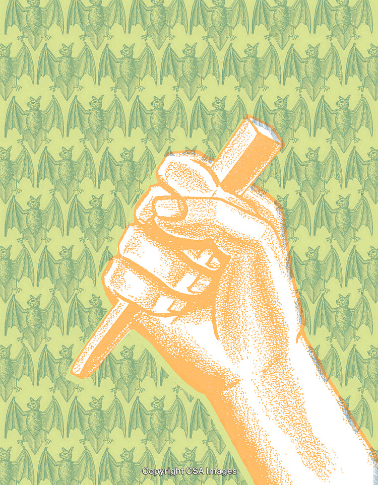Illustrated Hand Holding Stake On Bat Patterned Background