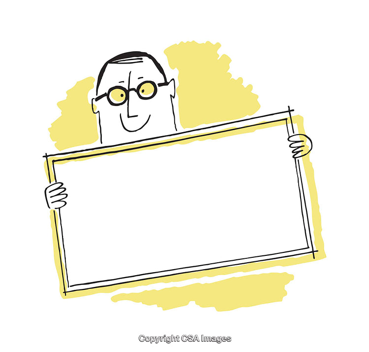 Hand-Drawn Cartoon Illustration of Character Holding Blank Rectangular Sign