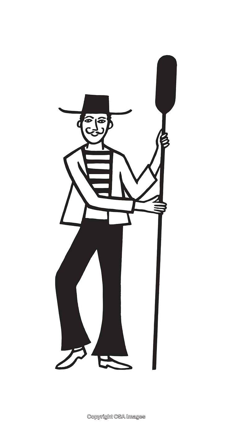 Black and White Gondolier Illustration Holding a Paddle