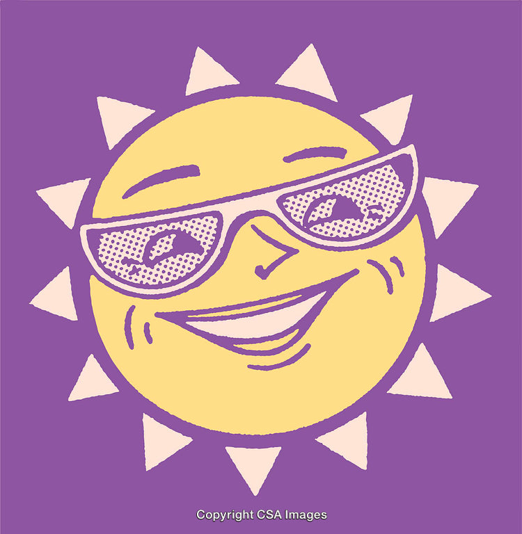 Smiling Sun Illustration Wearing Sunglasses Against Purple Background