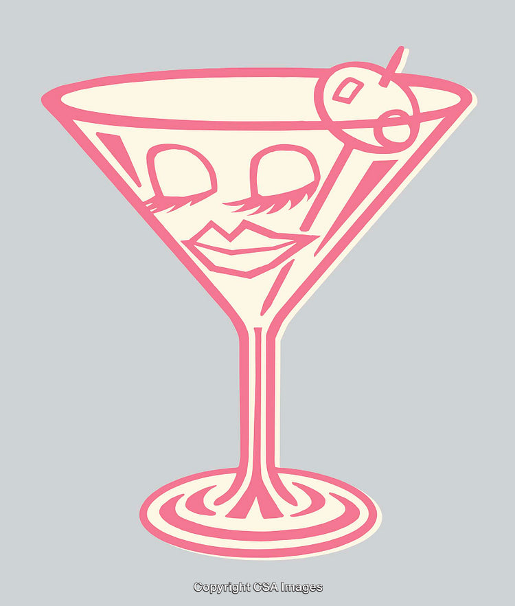 Whimsical Line Art Illustration of a Martini Glass with a Playful Face