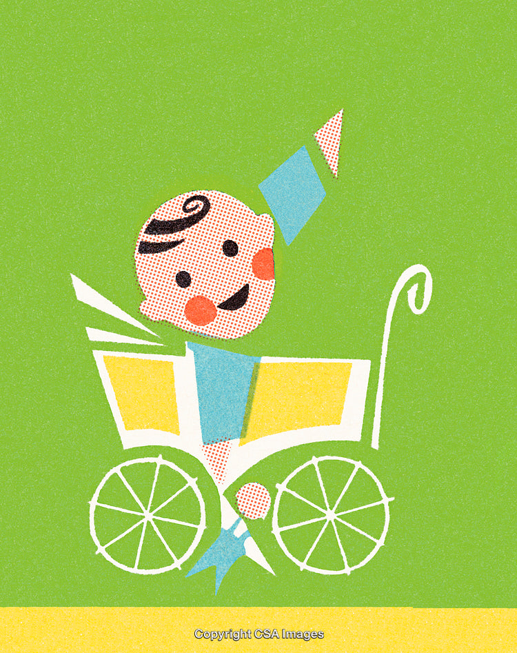 Retro Illustration of Baby in a Pram with Bright Colors