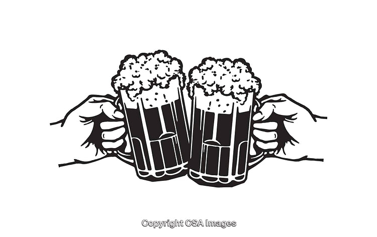 Black and White Illustration of Hands Clinking Beer Mugs