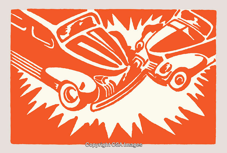 Vintage Style Line Art of Two Cars in a Collision Scene