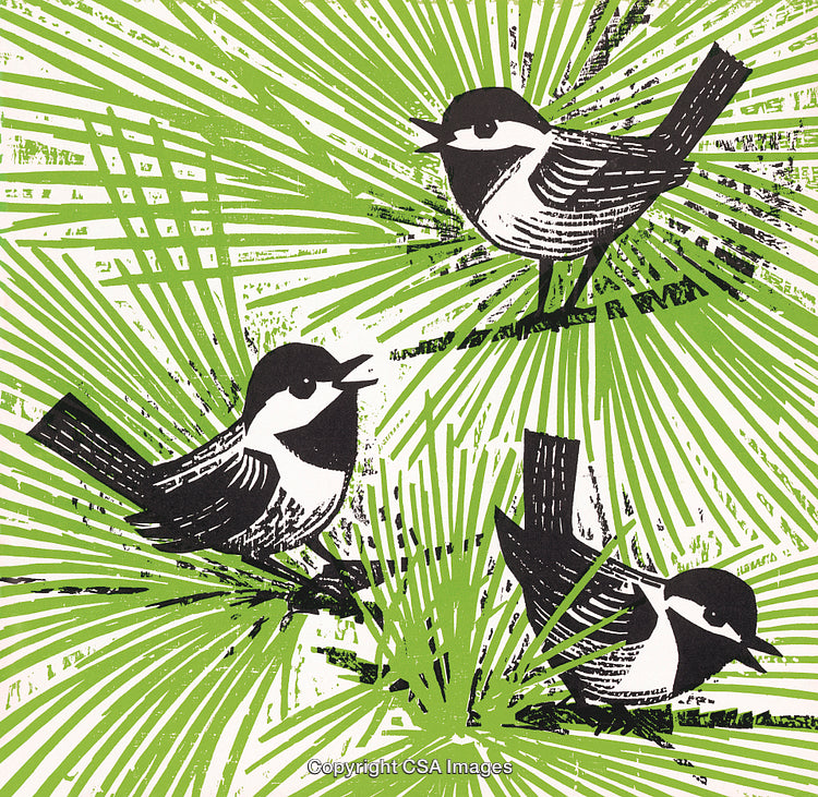 Stylized Birds in Green Foliage Nature-Inspired Graphic Illustration
