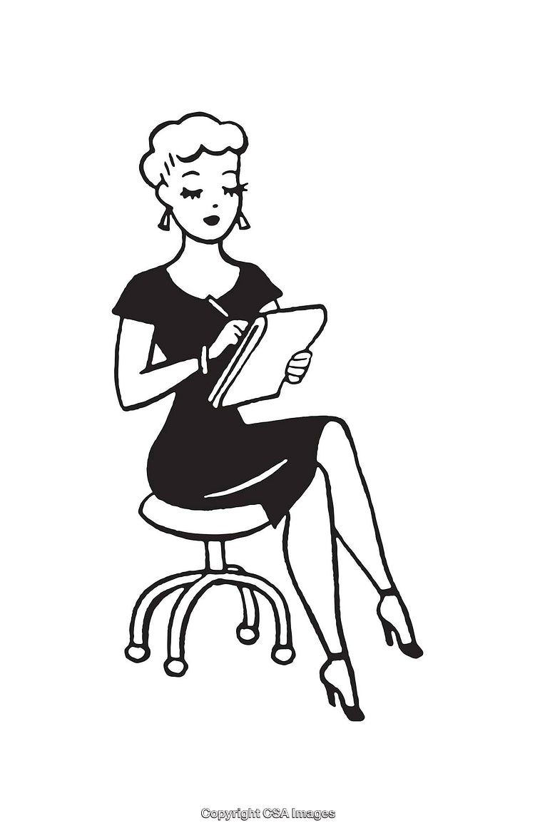 Retro Styled Woman Drawing on Notebook Black and White Illustration