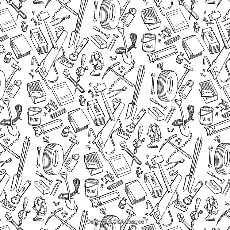 Black and White Line Art Pattern of Tools and Accessories