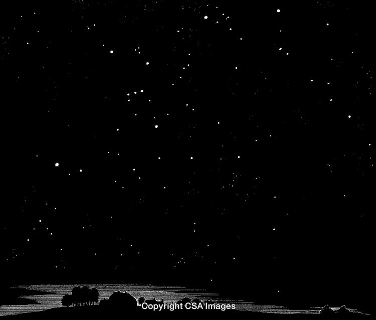 Starry Night Sky Over a Quiet Countryside Landscape in Black and White