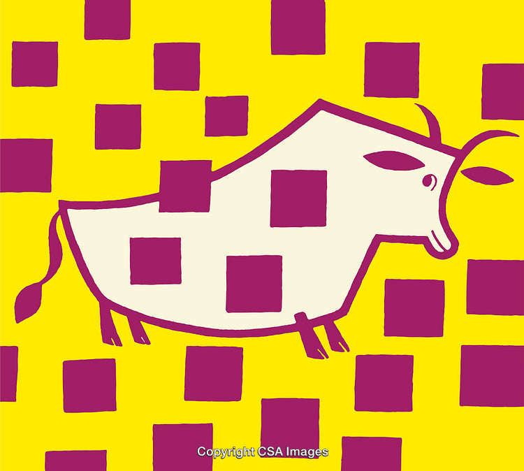Colorful Abstract Cow Illustration on a Vibrant Checkered Background