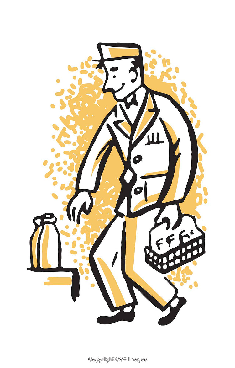 Retro Style Illustration of Milk Deliveryman Carrying Bottles and Goods