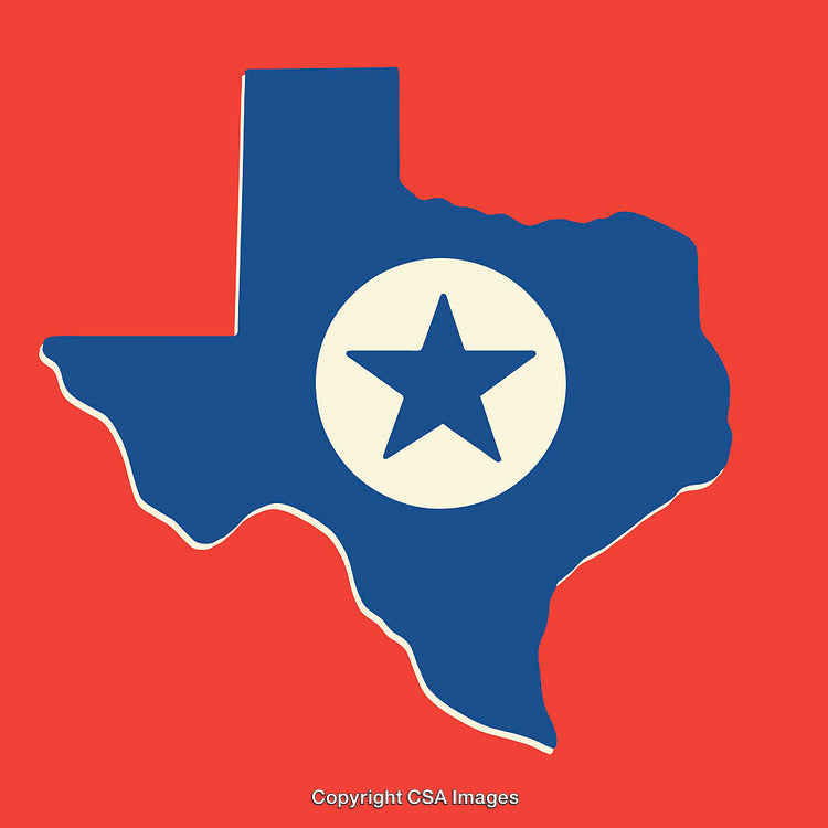 Texan Flag Illustration Framed in Blue Map Silhouette on Red Background