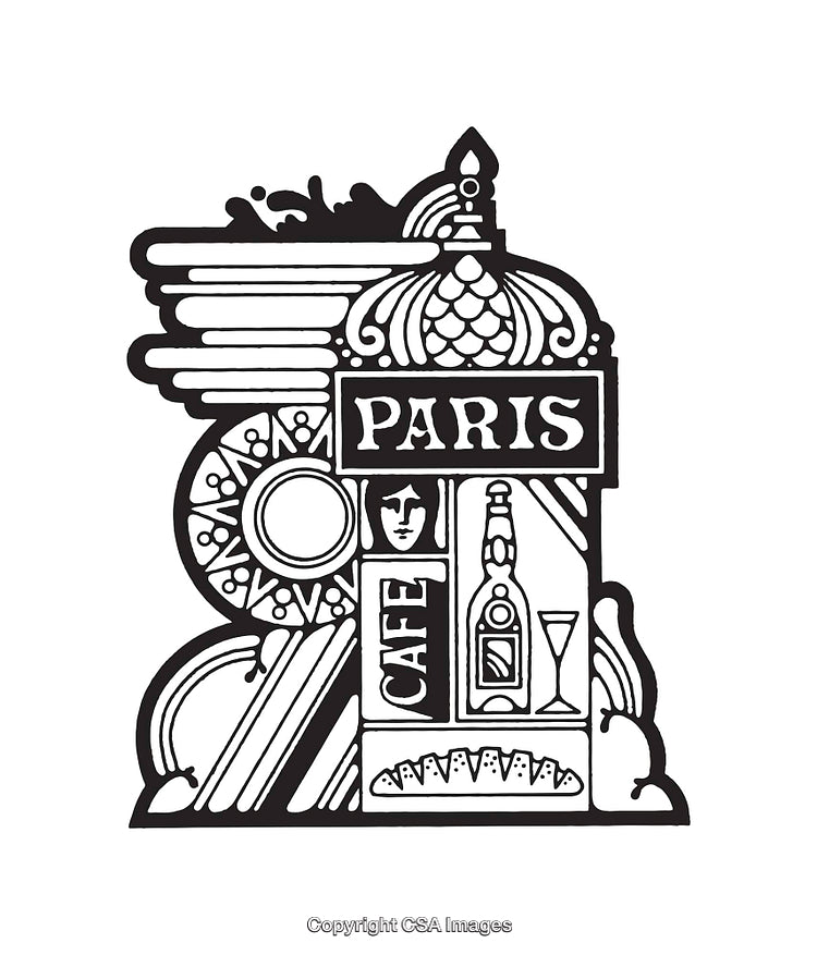 Black and White Line Art of Parisian Cafe and Food Elements