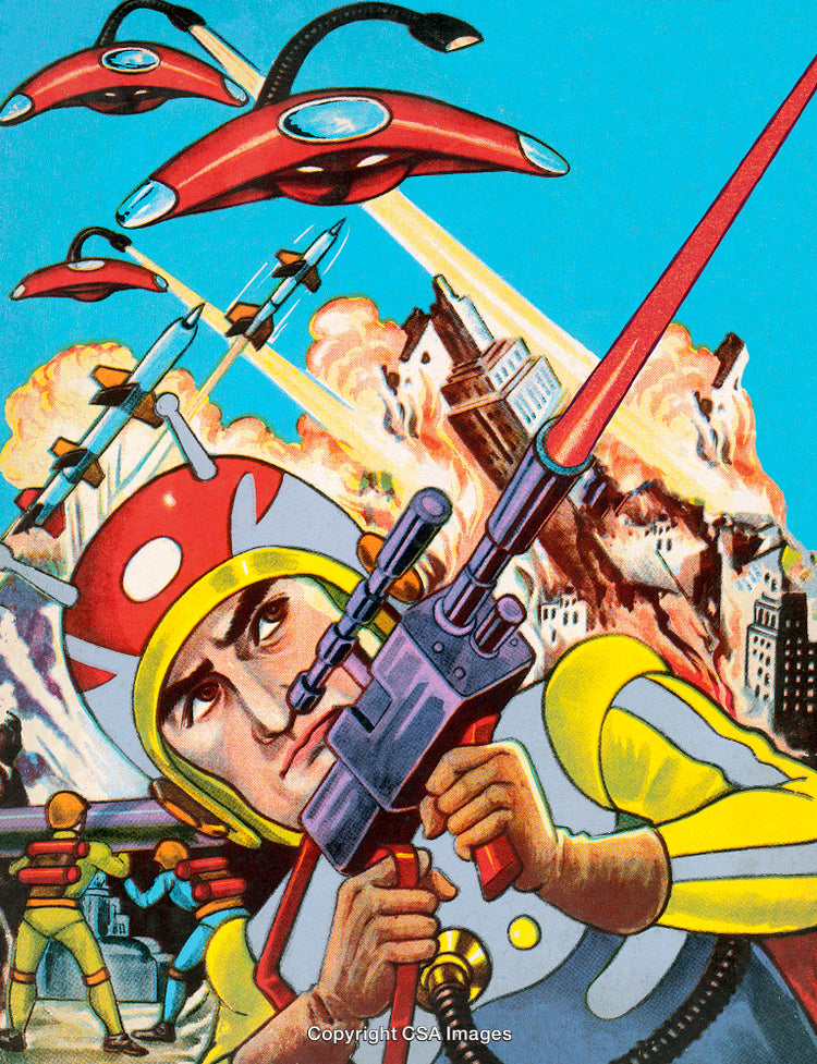 Retro Space Battle Scene Featuring Futuristic Soldier and Alien Attack