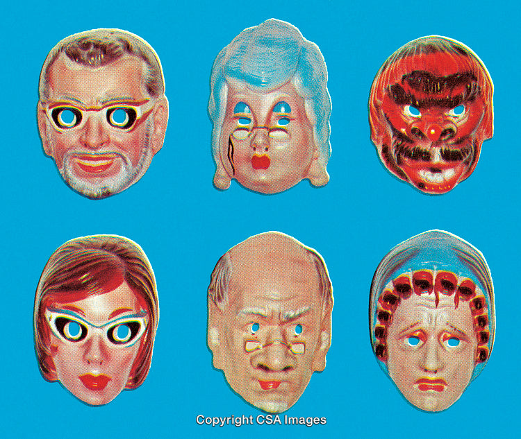Collection of Vintage Halloween Masks Displayed on a Vibrant Blue Background