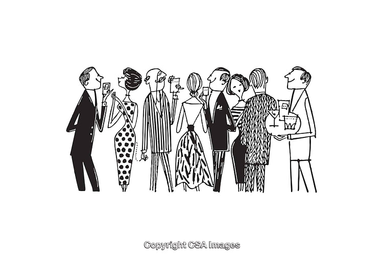 Elegant Line Art Illustration of Social Gathering in Black and White
