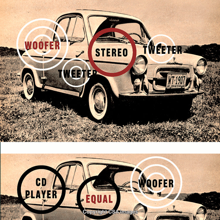 Retro Compact Car Integrated With Audio System Components Labels