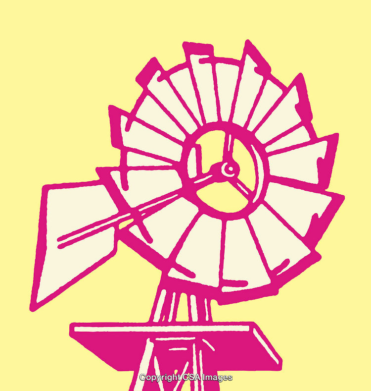 Colorful Line Art Illustration of a Windmill on a Yellow Background