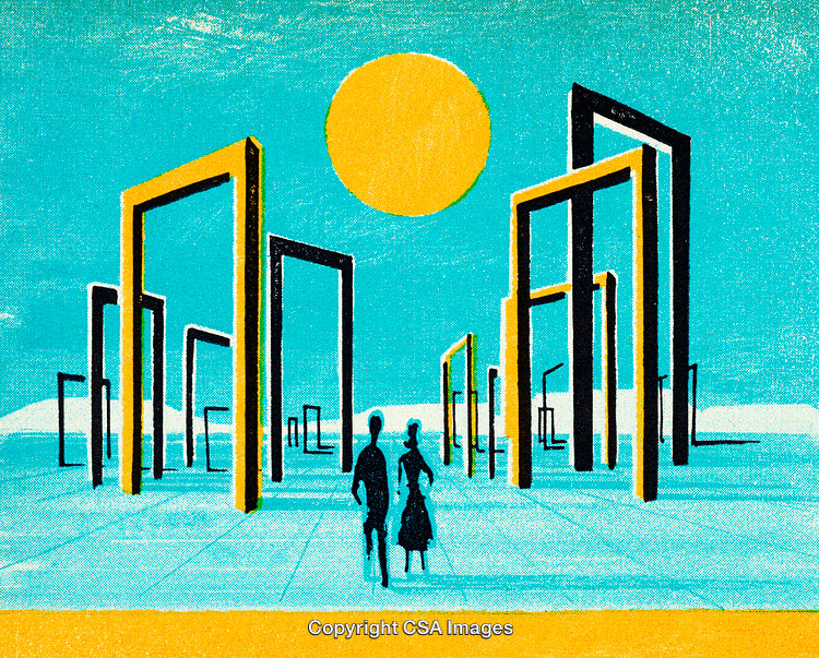Surreal Landscape Featuring Silhouetted Figures Among Abstract Architectural Frames