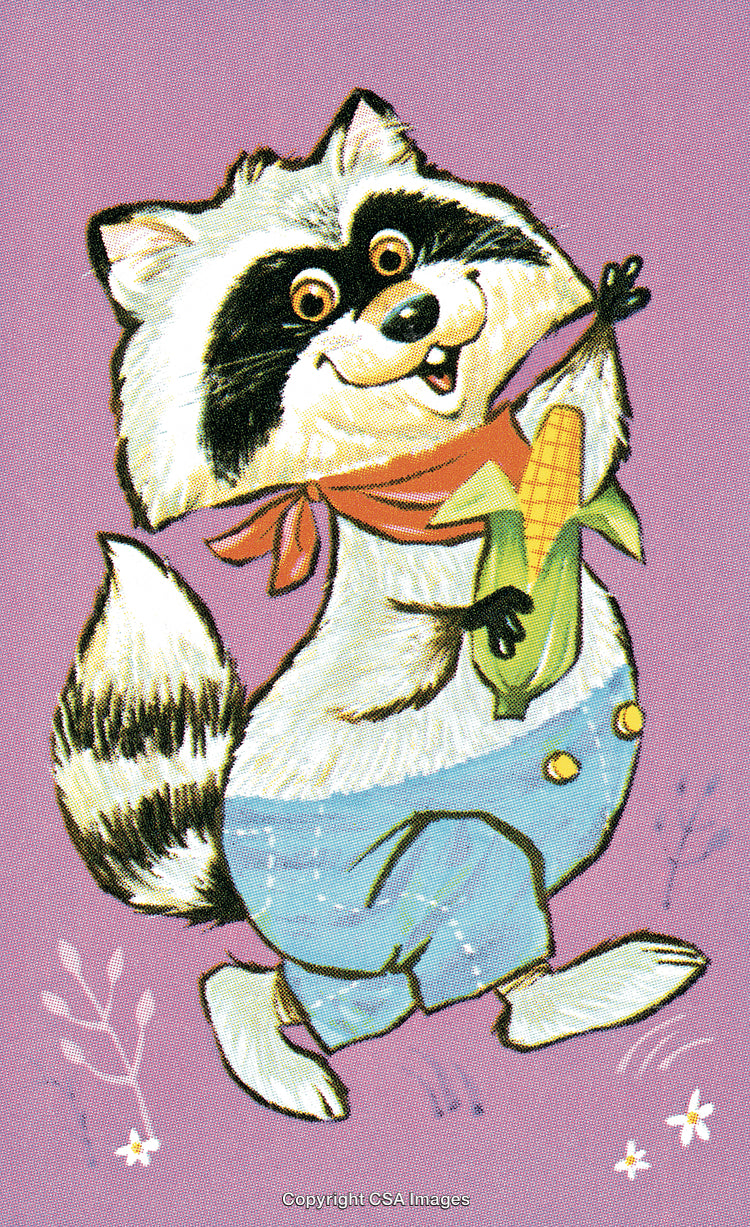 Cheerful Cartoon Raccoon Holding Corn on a Purple Background